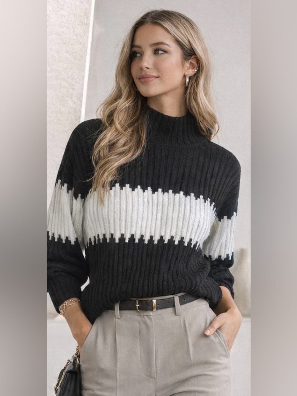 Boutique Sophia Mock Neck Sweater L Black White Colorblock Chunky Knit Statement